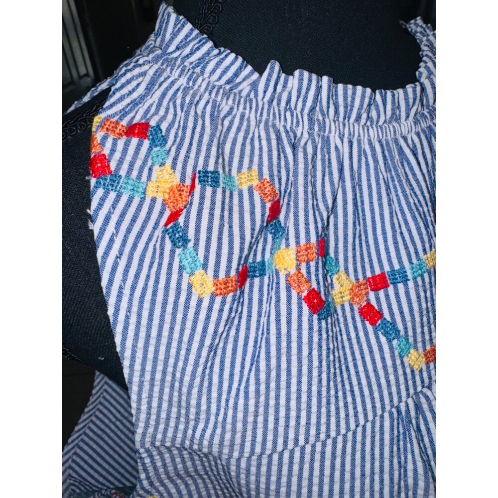 Savanna Jane Blue White Striped Sleeveless Top Embroidery Bow 1X Beach Resort - Picture 6 of 8